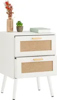 Nachttisch WAMAN mit 2 Schubladen, Nachtkommode aus Paulownia Holz und Jute Geflecht, Nachtschrank im Retro Design in weiß, Boho Style