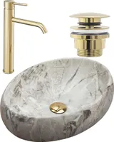 Rea Set von Aufsatzwaschbecken Linda Stone + Waschbeckenarmatur Lungo Gold + Stöpsel Gold