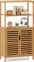COSTWAY Bücherregal aus Bambus mit Türen, 4-stöckiges Regal mit offenen Regalen und Lamellentürenschrank Aufbewahrungsschrank 60 x 33 x 116 cm