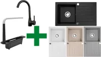 [Granitspüle 76x44 +Organizer mit oder ohne Armatur] Hochwertig beidseitig Montierbar Küchenspüle Eckig Einbaugranitspüle Granit Spülbecken f. Unterschränke ab 45 cm inkl.Siphon Set, Farben:Beige