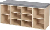 Schuhregal mit Sitzbank, 10 Ablagen, 104 x 30 x 48 cm, Eiche, Baumwollstoff-Sitzfläche