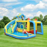 Flieks Hüpfburg aufblasbar Wasserpark mit Rutsche, Spielpool aufblasbar Wasserspielcenter Hüpfburg mit Gebläse, Sprungbereich und Wasserspielzeug