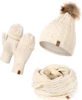 Mütze Schal Handschuh Set für Damen | Gefütterte Wintermütze mit Kunstfellbommel | Großer Loop Schal | Gestrickte Finger/Fingerlose- Winterhandschuhe für Touchscreen Beige