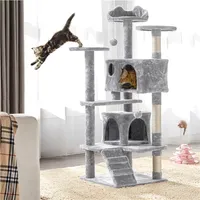 Yaheetech Kratzbaum Kletterbaum Katzenkratzbaum mit 3 Aussichtsplattformen Katzenbaum 138 cm mit 2 Kuschelhöhlen Stabil Spielbaum Hellgrau
