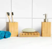 Navaris Badezimmer Set Bambus 3-teilig - dekoratives Badzubehör mit Zahnputzbecher, Seifenspender und Seifenschale - Bad Accessoires aus Bambus