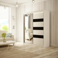 Kleiderschrank Lotus in modernes Stil 2x Schiebtüren 150 cm Garderobenschrank mit Spiegel Schrank mit hochglänzenden Möbelglasstreifen, Breite: 150 cm, Farbe: Weiß + schwarzes Hochglanz