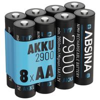 ABSINA 8x Akku AA wiederaufladbar 2900 - NiMH AA Akkus mit 1,2V & min. 2650mAh - Aufladbare Batterien AA