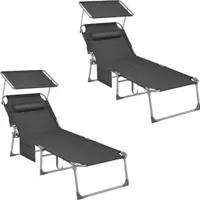 SONGMICS 2-er Große Sonnenliege, klappbarer Liegestuhl, Mit Seitentasche, 71 x 200 x 38 cm, Belastbarkeit 150 kg, verstellbarer Rückenlehne Anthrazit