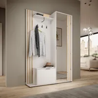 Garderoben-Set mit Lamellen Polly Kompaktgarderobe mit Schuhschrank Garderobenschrank mit Spiegel Wandgarderobe mit Haken, Farbe: Weiß