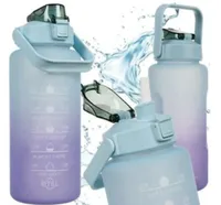 Trinkflasche Wasserflasche 2 Liter, Trink-Motivation-Skala, Strohhalm + 2 Trinkaufsätze, auslaufsicher, Camping, Sport, Farbverlauf, (türkis-lila)