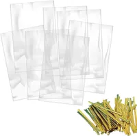 100 Stück Kreuzbodenbeutel Bodenbeutel OPP Zellophanbeutel Cellophantüten klar 10 x 15 cm mit 100 Metallischen Bindebaender für Süßigkeiten Mitgebsel Kindergeburtstag Gastgeschenke