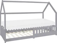 ML-Design detská posteľ 90x200 cm s matracom, ochranou proti vypadnutiu, strechou a lamelovým roštom, svetlosivá, posteľ z borovicového dreva