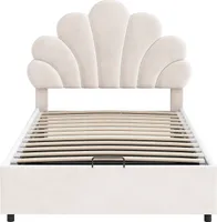Polsterbett 90x200cm Kinderbett (ohne Matratze) Beige Samt Einzelbett Jugendbett Mit geblümtem höhenverstellbarem Kopfteil Hydraulischem Stauraum