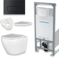 BADLAND WC Set: Vorwandelement C201 inkl. Wand Tiefspül WC Desna Weiß + Betätigungsplatte Schwarz M578 + Slim WC-Sitz mit Soft-close + Schallschutzmatte