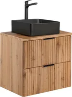 Badmöbel Waschtisch Unterschrank Set Wotaneiche gerillt, Keramik-Waschbecken schwarz, 2 Softclose-Schubkästen, B/H/T 60,6/72,2/46,5 cm