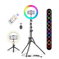 Ringlicht, 10 Zoll Ringlicht mit 2 Stativ, höhenverstellbar, 18 RGB Farbe Dimmbare Selfie Ringleuchte mit Fernbedienung, für YouTube TikTok Make-up Selfie Live-Streaming