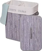 Wäschekorb HWC-C21, Laundry Wäschebox Wäschesammler Wäschebehälter, Bambus 2 Fächer 63x55x34cm 100l  grau-blau