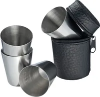 Set mit 4 Schnaps-Pinchen aus Edelstahl in einem praktischen Etui aus Kunstleder
