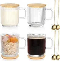 4er Set Cappuccinotassen 350ml Latte Macchiato Gläser mit Deckel und Löffel Geriffelte Espressotassen Set Kaffeegläser für Latte, Cappuccino, Getränke, Tee, Kaffee