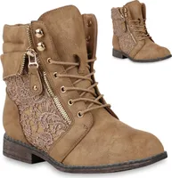 Mytrendshoe Damen Stiefeletten Zipper Schnürstiefeletten Blockabsatz Gefüttert 818846, Farbe: Khaki, Größe: 39