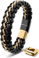 SERASAR | Lederarmband für Herren [Steel] mit doppel Edelstahl und Magnetverschluss | Farbe: Gold/Schwarz | Länge: 17cm