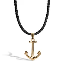 SERASAR | Kožený Náhrdelník pre Mužov [Anchor] z Stainless Steel | Farba: Zlato | Dĺžka: 50cm