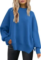 ASKSA Damen Pullover Rundhals Oversized Strickpullover Fledermausaermel Pulli Herbst Winter Warm Lose Strick Seitlichem Schlitz Sweater Oberteile (Blau,M)