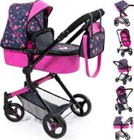 Bayer Design 18418AA Kombi-Puppenwagen Neo Vario mit Tasche, wandelbar als Jogger, verstellbarer Griff, integrierter Korb, pink, schwarz mit Herzen
