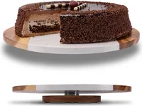 Fino Casa drehbare Marmorplatte mit Akazienholz rund Tortenplatte Küchen Organizer Käseplatte Die Marmor Platte Servierplatte mit Fuss Servierteller