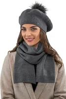Vivisence damen baskenmütze mit bommel eleganter wintermütze und schal set warm kopfbedeckung und halsbedeckung an winter und herbst warm dick, winterset für frauen, hergestellt in der eu, dunkelgrau,