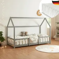 DELUKE® Kinderbett 90x200 cm LULO - Inkl. Matratze, Lattenrost, Rausfallschutz | Einzelbett Hausbett Kinderzimmer Bodenbett Kinder Bett Klein Montessori Bett | Grau