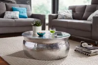 WOHNLING Couchtisch KARAM 75x31x75cm Aluminium Silber Beistelltisch orientalisch rund | Flacher Hammerschlag Sofatisch Metall | Design Wohnzimmertisch modern | Loungetisch indisch Stubentisch klein