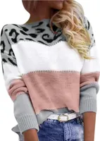 ASKSA Damen Leopard Strickpullover Langarm Rundhals Sweater Patchwork Knit Sweatshirt Herbst Winter Elegant Pullover Warme Lose Pulli,Rosa,L