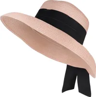 styleBREAKER Damen Sonnenhut mit breitem Schwarzem Zierband, breite Krempe, Strohhut, Papierstroh Hut 04025036
