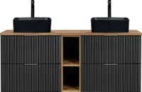 Badezimmer Doppel-Waschtisch, 141cm, mit schwarze Aufsatzbecken, ADELAIDE-56-BLACK, matt schwarz mit Eiche Nb., Rillenoptik, B/H/T ca. 140,6/73,2/46,5 cm