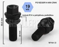 Kolový šroub M14x1,5x30 koule R14 pohyblivá, černý, klíč 19 (PS19D30R14-MW-ZNNI), výška 59,5