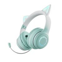 BT-029C Over-Ear-Bluetooth-Kopfhörer mit leuchtenden Katzenohren, einziehbar und faltbar, BT5.3, integriertes abnehmbares Mikrofon, unterstützt Bluetooth/3,5-mm-Kabel, Cyan+Grün