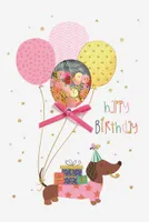 Geburtstag Karte mit Umschlag,  Luftballons Sterne Dackel Hund Geschenke Happy Birthday