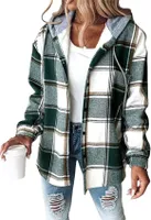 ASKSA Damen Winterjacke Karierte Hemdjacke Wolljacke Fleece Gefuettert Warme Kapuzenjacke Laessige Knopfleiste Jacke Mantel mit Taschen (Gruen,L)