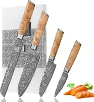 Zayiko Kinone 4er Damastmesser-Set I 8-20 cm Klingen I Wurzelholzgriffe Birke