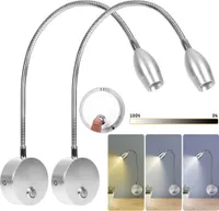 2 Stück LED Wandleuchte Flexibel Lampenarm Dimmbar, Leselampe 3 Lichtfarben Memory Funktion, Wandlampe Touch Schalter USB, 3W Nachtlicht Silbern