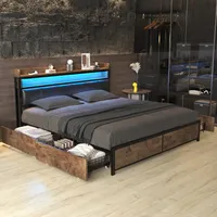 MODFU Čalouněná postel 180×200cm Manželská postel s úložným prostorem a 4 zásuvkami na kolečkách a LED osvětlením,Polyuretanpotah, hnědá (bez matrace)