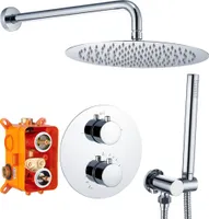 HOMELODY Regendusche Duschsystem mit Thermostat Unterputz Duscharmatur Rund, Duschamaturenset Chrom Duschset Dusche 12 Zoll Kopfbrause, Anti-Verbrühungs-Duschsystem