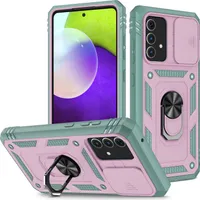 Galaxy A52 Hülle, Schiebe Kamera Schutz Robust Rüstung Stoßfest Schutzhülle mit Ringhalterung Ständer Kartenhalter für Samsung Galaxy A52 5G / 4G Lila