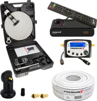 PremiumX Camping Satelliten Anlage Satellitenschüssel HD TV Receiver SAT-Finder Single LNB 10m Kabel F-Stecker kompakt im Koffer
