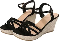Damen Sandalen mit Keilabsatz Knöchelriemchensandalen, Farbe: Schwarz, Größe: 39