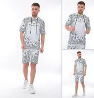 Herren Jogginganzug mit Short Trainingsanzug Sportanzug mit Kapuze, Weiß/XXL