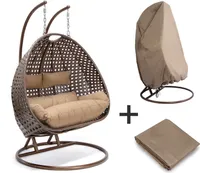 HOME DELUXE - Hängesessel TWIN - Braun, Höhe 195 cm - inkl. Regenabdeckung, Gestell, Sitz- und Rückenkissen I Polyrattan Hängestuhl Gartenschaukel Hängekorb