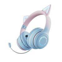 BT-029C Bluetooth sluchátka přes uši se svítícíma kočičíma ušima, zasouvací a skládací, Bluetooth 5.3, vestavěný odnímatelný mikrofon, podporuje Bluetooth/3,5mm kabel, modrá s růžovou barvou
