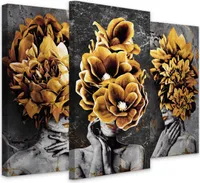 Leinwand Bilder Set Aufhängefertig 3 Bilder GESICHT Frau Blumen Abstrakt Malarei Br. 60cm x Hö. 40cm